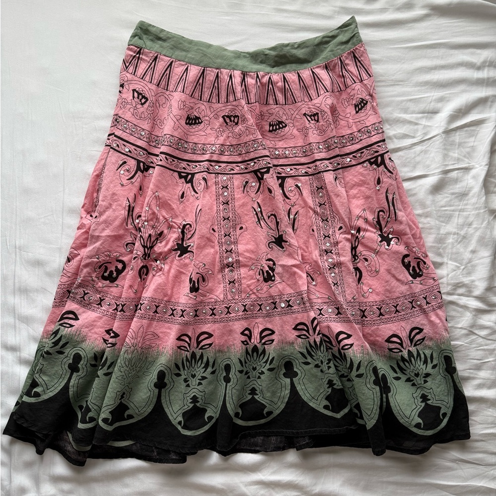 Vintage Y2K Pink & Green Bohemian Print Magazine Midi Skirt Sz L